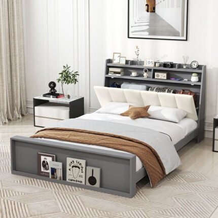 Full Size Bed Frame with Storage Modern Platform Bed with Headboard-Full Size