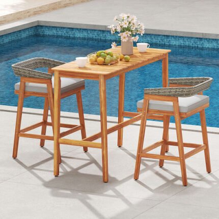 Acacia Wood Counter Height Table with Slatted Tabletop and Footrest Crossbar