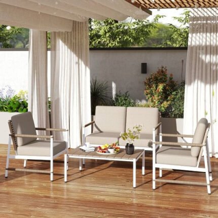 4 Pieces Patio Furniture Set with Thick Cushions and a Coffee Table-Gray